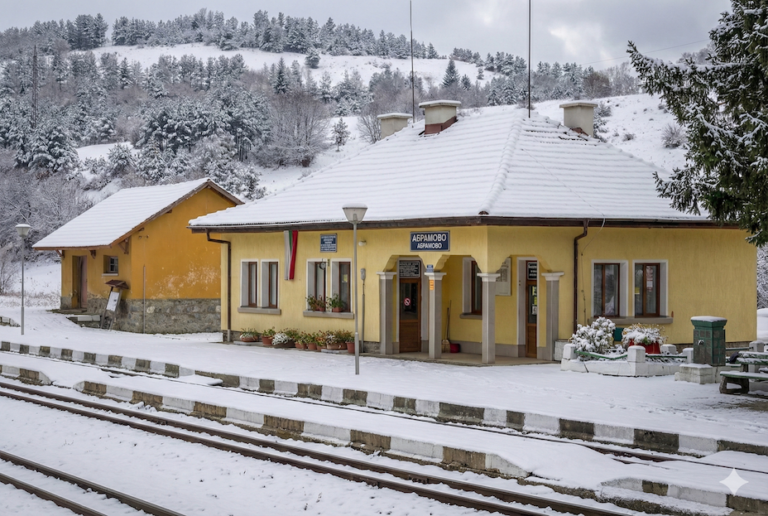 Winter panorama of Avramovo station, the highest railway station in the Balkans, covered in deep snow.
