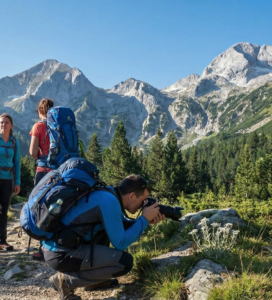 Екотуризъм в Пирин планина група туристи наблюдава цветя