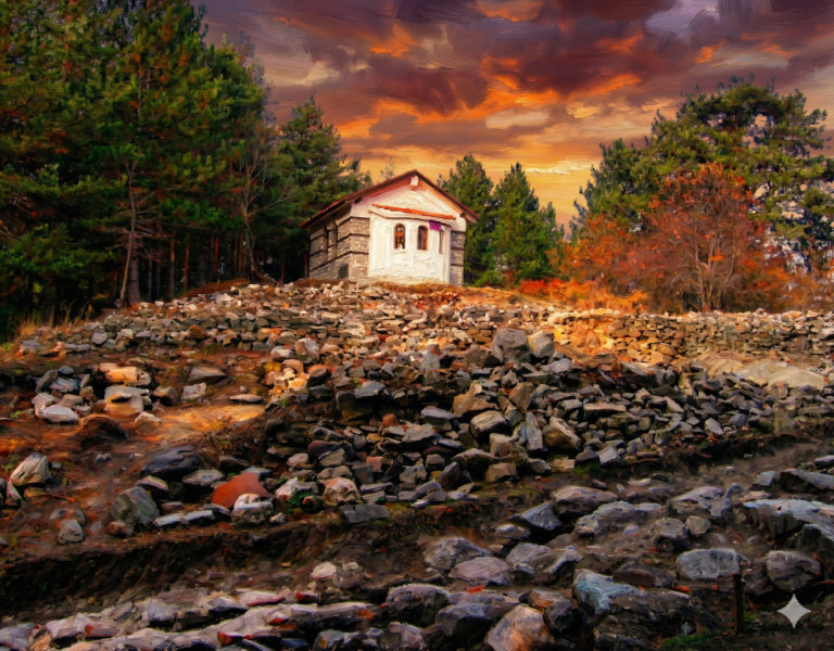 Oil painting of a small stone chapel perched on a hill of rocks surrounded by forest under a dramatic orange sky at sunset.