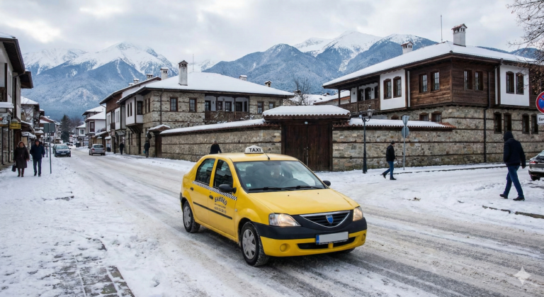 A yellow taxi on a snowy street in Bansko with a view of the Pirin Mountains, an alternative to Uber.