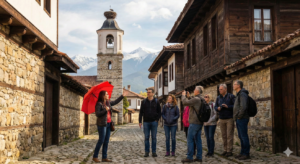 A group of tourists on Free Tour Bansko in front of the Holy Trinity Church and the ancient houses