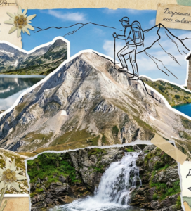 Художествен колаж на топ забележителности в Пирин, включващ връх Вихрен, Муратово езеро, хижа Синаница и водопад Демянишки скок, декориран с еделвайси.