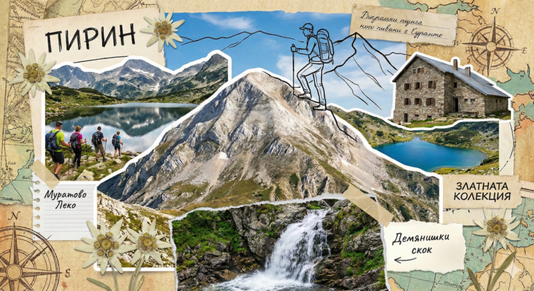 An artistic collage of top landmarks in Pirin, including Vihren Peak, Muratovo Lake, Sinanitsa Hut, and Demyanishki Skok Waterfall, decorated with edelweiss.