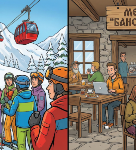 Карикатура, илюстрираща Банско: отляво дълга опашка от скиори за лифта и табела "TEA - 20 LEVA", отдясно весела механа "Бански лаф" с дигитален номад, баба и мъж в костюм на Батман с бира.