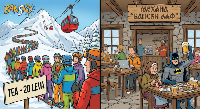 Cartoon illustrating Bansko: on the left a long queue of skiers for the lift and a sign "TEA - 20 LEVA", on the right a cheerful tavern "Banski Laf" with a digital nomad, a grandmother and a man in a Batman costume with a beer.