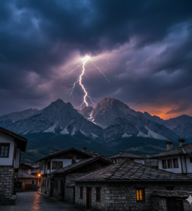 Гръмотевична буря над Пирин и град Банско.