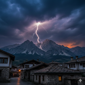 Thunderstorm over Pirin and the town of Bansko.