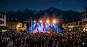 Концерт на Банско Рок Фест на централния площад в Банско през нощта.