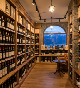 Рафтове с вино, ракия и бира в магазин за алкохол в Банско.