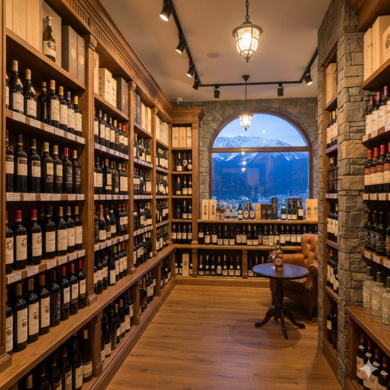 Shelves with wine, brandy and beer in a liquor store in Bansko.