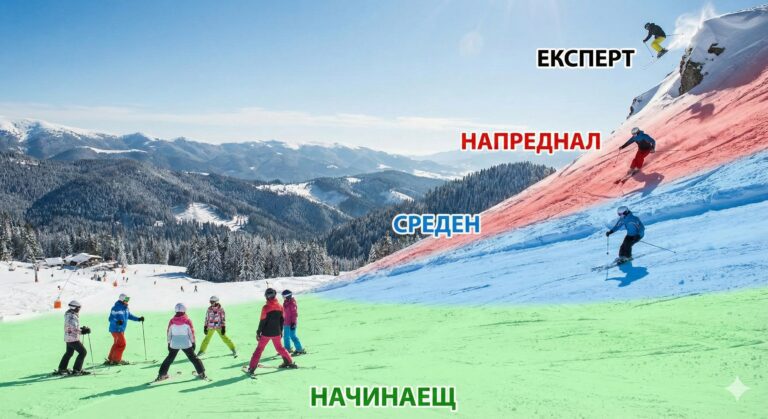 Иллюстрация уровней подготовки лыжников от начинающего до эксперта.