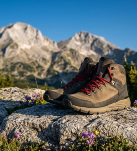 Качествени обувки за планински преходи на фона на връх Вихрен в Пирин.