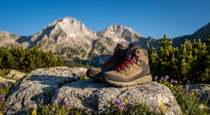 Quality shoes for mountain trekking against the backdrop of Vihren Peak in Pirin.