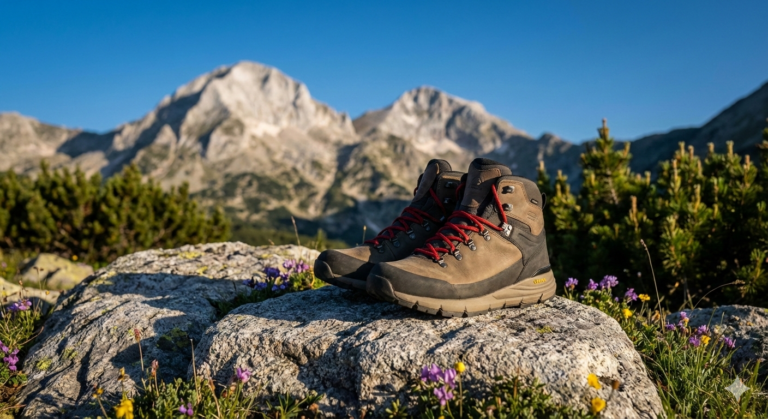 Quality shoes for mountain trekking against the backdrop of Vihren Peak in Pirin.