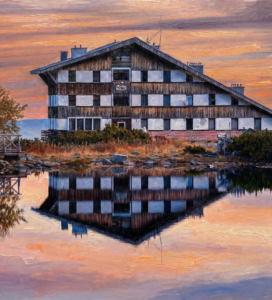 Маслена картина на хижа Безбог край езерото по залез, с отражение във водата и драматично небе.