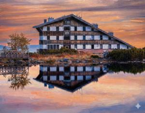 Oil painting of the Bezbog hut by the lake at sunset, with reflection in the water and dramatic sky.