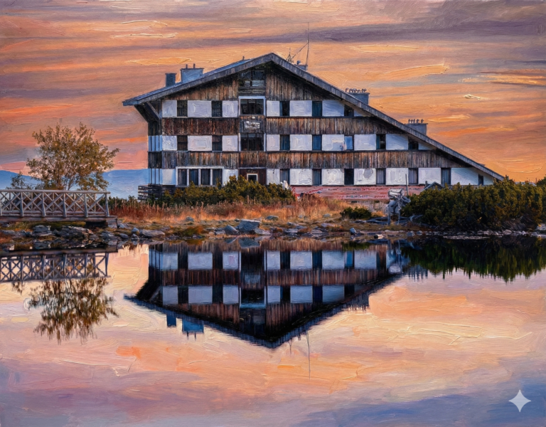Oil painting of the Bezbog hut by the lake at sunset, with reflection in the water and dramatic sky.