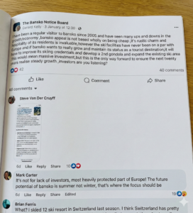 Скрийншот от Facebook дискусия в The Bansko Notice Board относно нуждата от втора кабинка в Банско и инвестиции в ски зонатаDiskusia-Bansko-Notice-Board-Vtora-Kabinka-Investicii