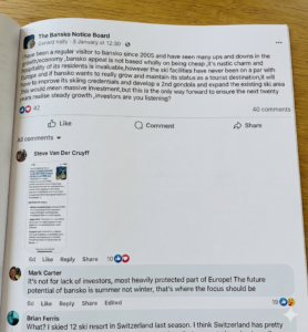 Screenshot from Facebook discussion on The Bansko Notice Board regarding the need for a second cabin in Bansko and investments in the ski areaDiskusia-Bansko-Notice-Board-Vtora-Kabinka-Investicii