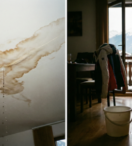 Наводнение от съсед в апартамент с видими петна от теч по тавана и повредени стени