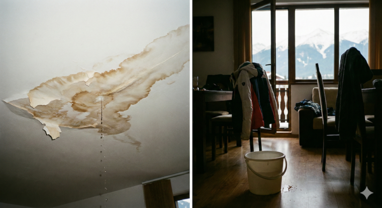 Flooding from a neighbor in an apartment with visible leak spots on the ceiling and damaged walls