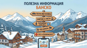 Illustrated guide with signs for useful information in Bansko: traffic conditions, lifts, parking, webcams and traffic lights.