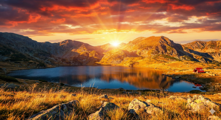 Tevno Lake and the shelter in Pirin Mountain at sunset with Kamenitsa Peak in the background