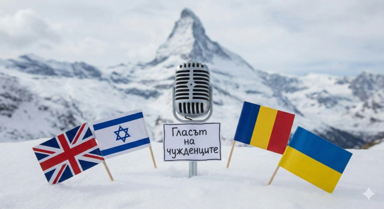 A retro microphone in the snow with a sign reading "The Voice of Foreigners," surrounded by the flags of Great Britain, Israel, Romania, and Ukraine against a snowy mountain peak.