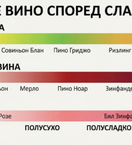 Инфографика на български език, илюстрираща видове бяло, червено и розе вино, подредени според степента на сладост от сухо до сладко.