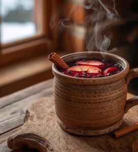 : Керамична чаша с греяно вино по бански с ябълки и канела