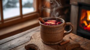 : Ceramic mug with mulled wine in a swimsuit with apples and cinnamon