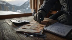 Budget for ski teachers - financial planning, money and ski goggles on the table in Bansko