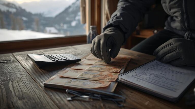 Budget for ski teachers - financial planning, money and ski goggles on the table in Bansko