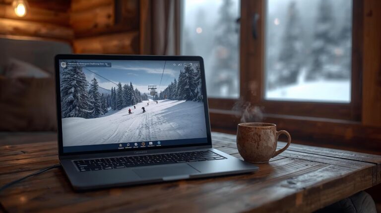 Laptop showing online Bansko webcams live from the ski slopes in a chalet