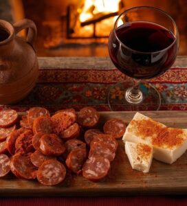 Традиционна българска маса с червено вино и мезе бански старец