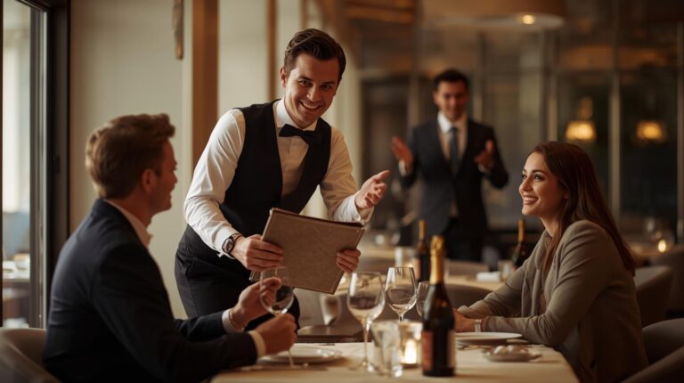 A waiter offers dessert to customers - an example of successful upselling in a restaurant