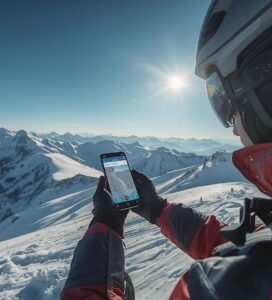 Скиор използва телефон при ски за навигация в планината над Банско.