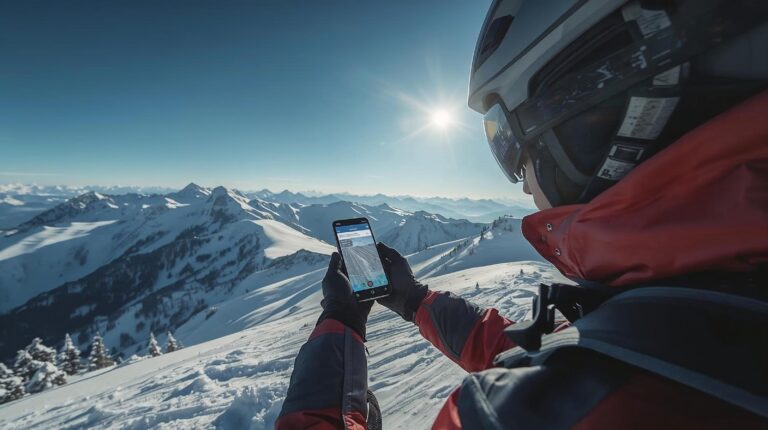 A skier uses a phone while skiing to navigate in the mountains above Bansko.