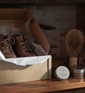 Правилно съхранение на туристически обувки в картонена кутия с почистващи препарати.