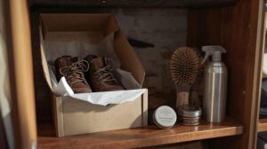 Proper storage of hiking boots in a cardboard box with cleaning products.