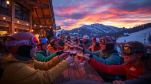 Cheerful company at an Après-ski party in Bansko with a view of Pirin Mountain and the ski slopes