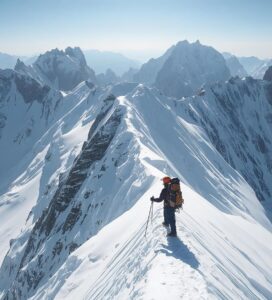 Ски алпинист на ръба между върховете Вихрен и Кутело над Казаните
