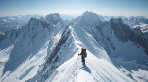 Ski mountaineer on the edge between the peaks of Vihren and Kutelo above Kazanite