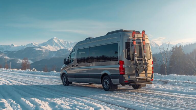 Traventuria minibus for transfer to Bansko with the snow-capped Pirin Mountain in the background