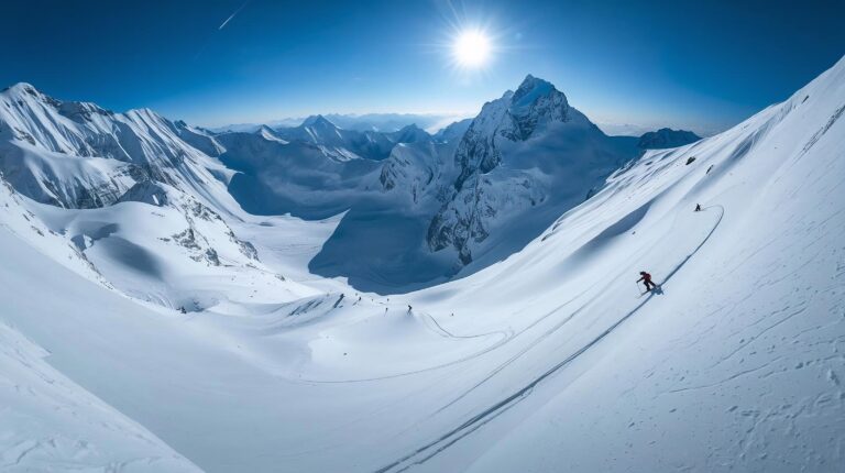 Freeride skiers descend into Chashite pod Todorka, Bansko, deep snow