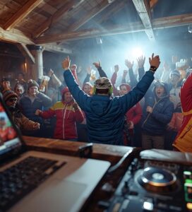 DJ пуска музика в препълнен апре ски бар в Банско с танцуващи хора