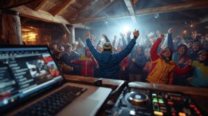 DJ plays music in a crowded après ski bar in Bansko with people dancing