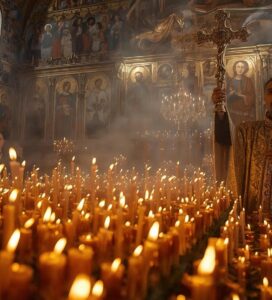 Свещеник в златни одежди държи висок кръст по време на служба в православна църква, заобиколен от множество запалени свещи и вярващи пред стена с икони