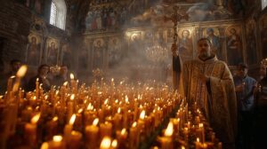 A priest in golden vestments holds a tall cross during a service in an Orthodox church, surrounded by many lit candles and believers in front of a wall of icons