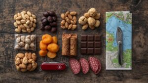 A variety of mountain food - nuts, chocolate and sausage on a map